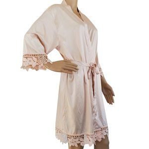 Kennedy Blue Robe Womens L Blush Bridesmaid Dressing Tie Belt Floral Cuff & Hem
